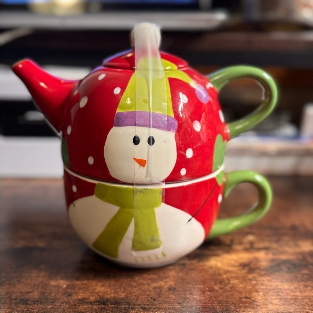 Pier 1 Imports Snow Ball Stacking Teapot & Teacup Set | Hand-Painted Dolomite